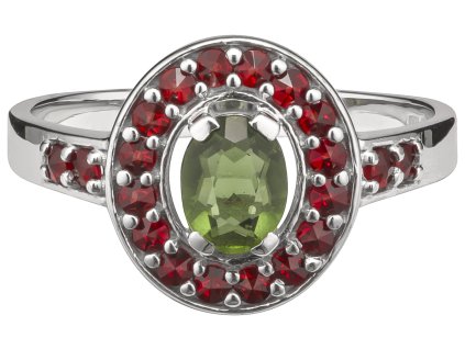 Stříbrný prsten s českým granátem a vltavínem, rhodiovaný - ovál