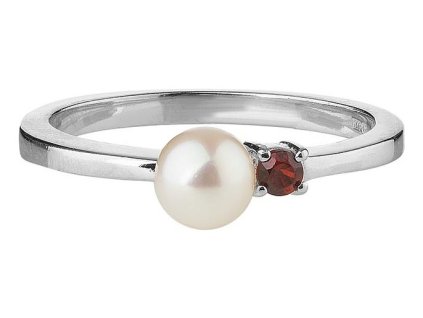 Stříbrný prsten s českým granátem a perlou, rhodiovaný