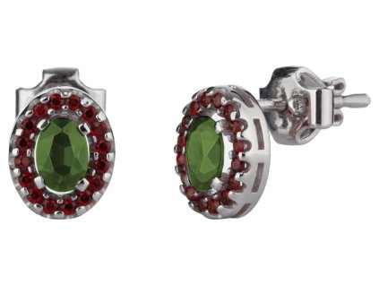 Stříbrné náušnice s českým granátem a vltavínem, rhodiované - ovál