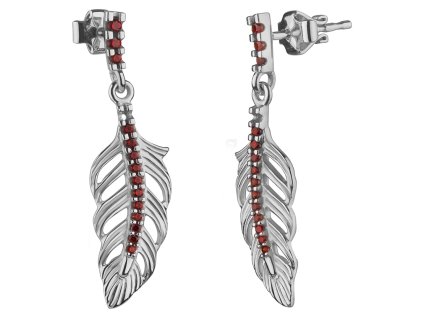 Stříbrné náušnice s českým granátem, rhodiované - pírko