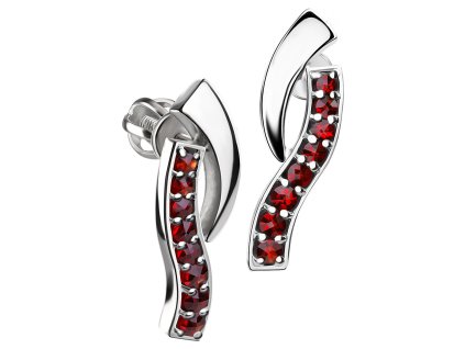 Stříbrné náušnice s českým granátem, rhodiované - vlnka