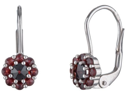 Stříbrné náušnice s českým granátem, rhodiované - květina