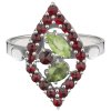 Silver ring with czech garnet and moldavite  and peridot, rhodium plated - oval                     