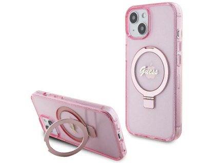 Guess GUHMP15SHRSGSP Apple iPhone 15 hardcase Ring Stand Script Glitter MagSafe pink