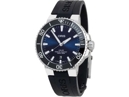 oris aquis 01 733 7730 4135 07 4 24 64eb front blue dial black strap