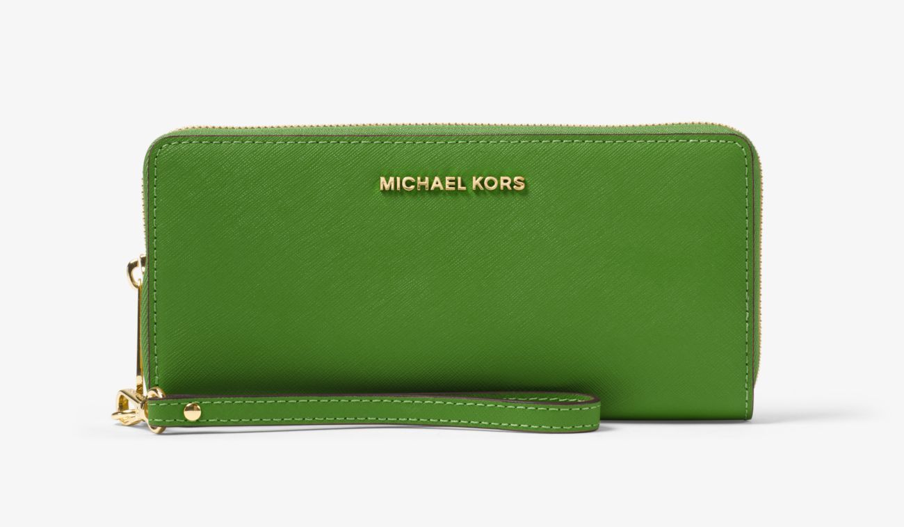 MICHAEL KORS JET SET TRAVEL LEATHER CONTINENTAL WRISTLET zelená