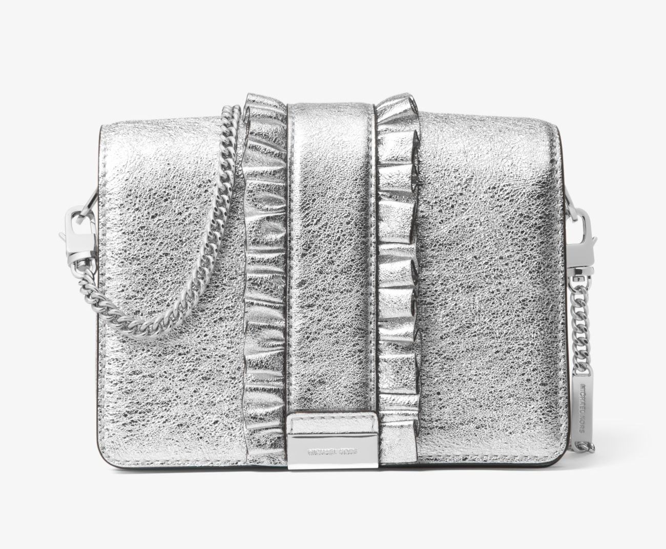 MICHAEL KORS kabelka Jade Ruffled Metallic Leather Clutch silver