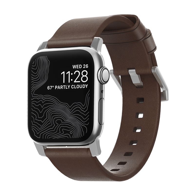 Nomad Leat. Strap brown/silver - Apple Watch Ultra 2/1(49mm) 9/8/7 (45mm)/6/SE/5/4(44mm)/3/2/1(42mm)