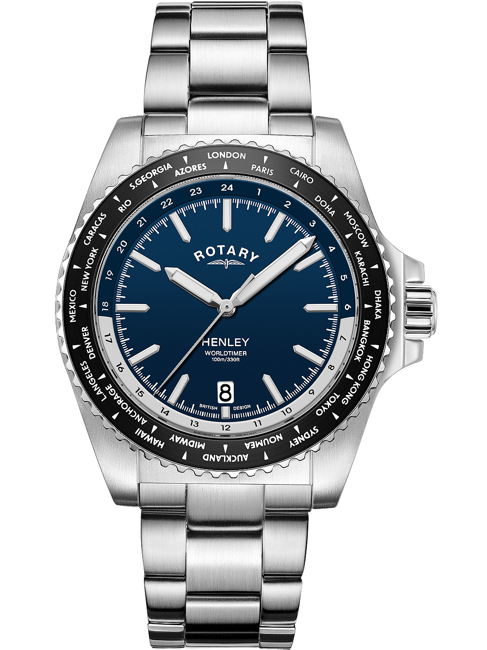 Pánské hodinky Rotary GB05370/88 Henley World Timer Mens Watch 41mm 10ATM