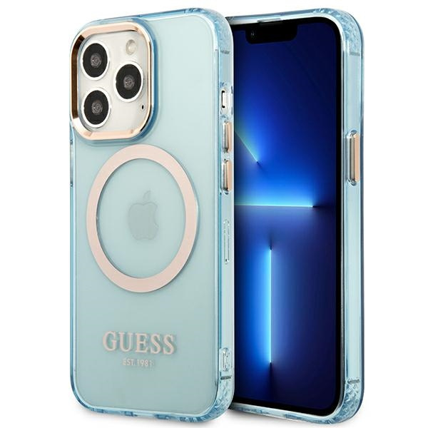 Guess GUHMP13LHTCMB Apple iPhone 13 Pro blue hard case Gold Outline Translucent MagSafe