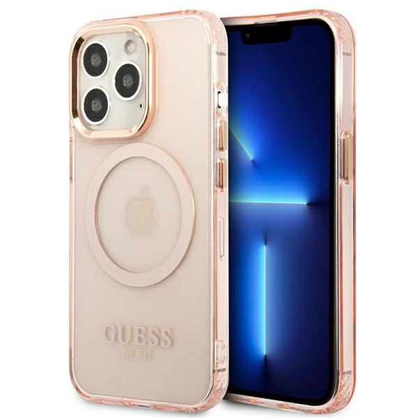 Guess GUHMP13LHTCMP Apple iPhone 13 Pro pink hard case Gold Outline Translucent MagSafe