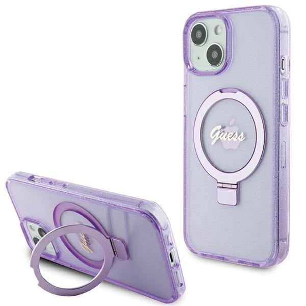 Guess GUHMP15SHRSGSU Apple iPhone 15 hardcase Ring Stand Script Glitter MagSafe purple