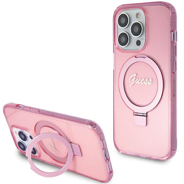 Guess GUHMP15XHRSGSP Apple iPhone 15 Pro Max hardcase Ring Stand Script Glitter MagSafe pink