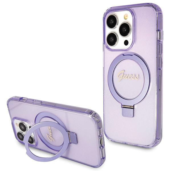 Guess GUHMP14XHRSGSU Apple iPhone 14 Pro Max hardcase Ring Stand Script Glitter MagSafe purple