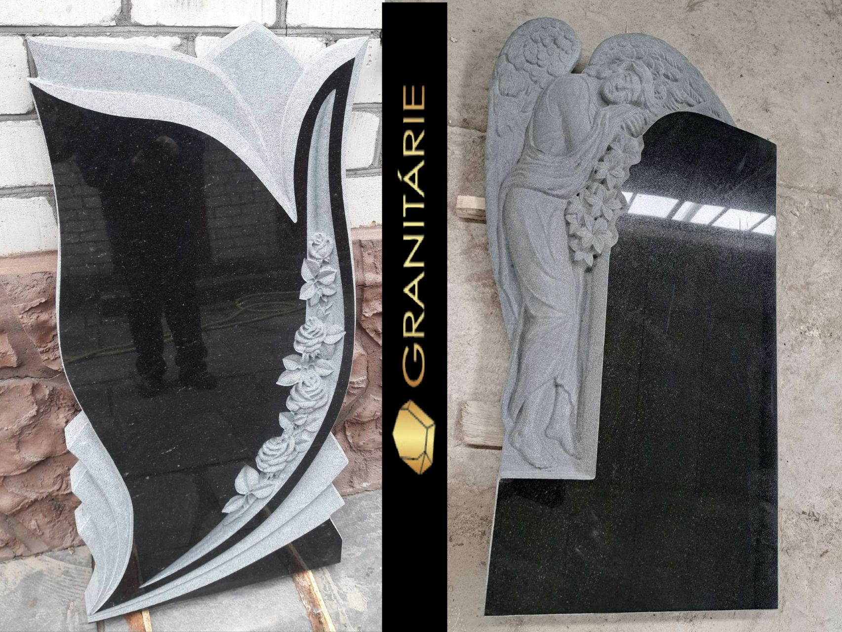 Nápisové desky z Gabbra Black s plastikou anděla a růží