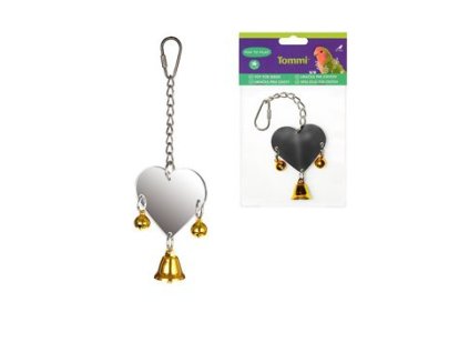 Hračka pro exoty zrcátko srdce se zvonkem a rolničkami