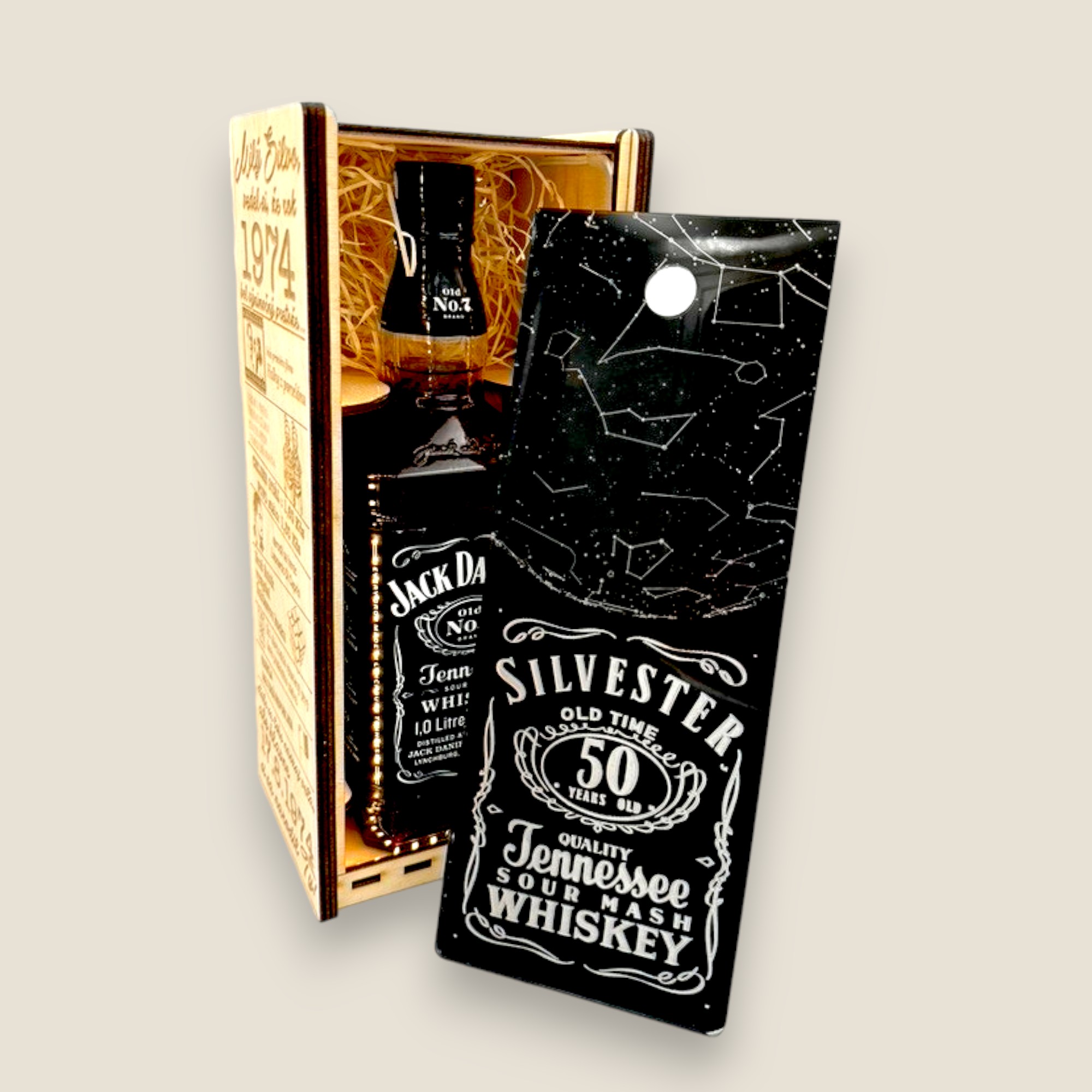 Gravírovaný darčekový box na flašu alkoholu JACK DANIELS 1L LED
