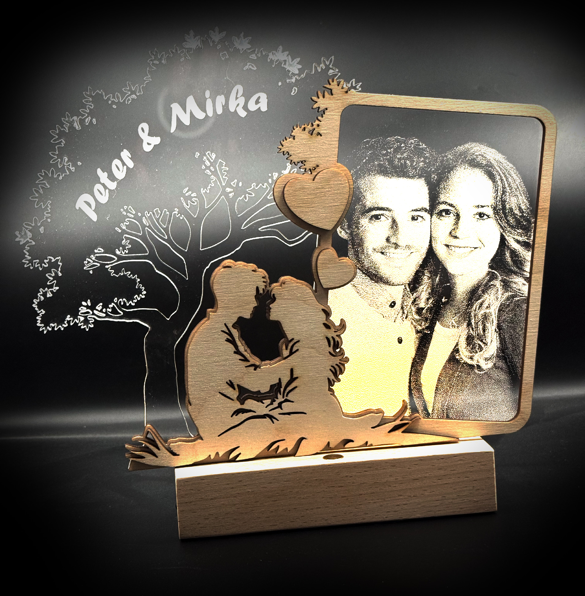 Romantická LED lampa pre páry s gravírovaným podstavcom - strom PODSTAVEC: Teplá biela s diaľkovým ovládaním nabíjateľný + USB kábel