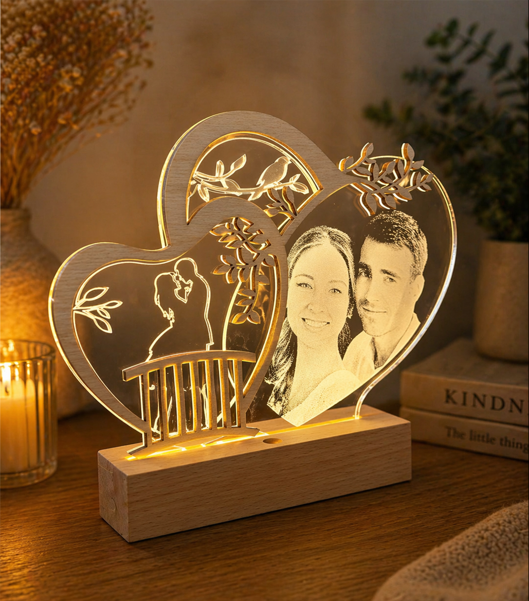 Personalizovaná LED lampa pre páry s fotografiou - dvojité srdce PODSTAVEC: Teplá biela s diaľkovým ovládaním nabíjateľný + USB kábel