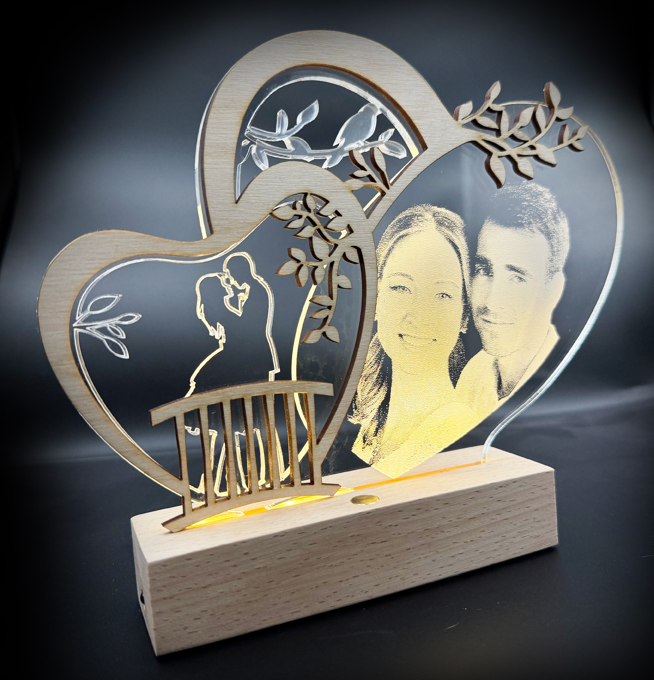 Personalizovaná LED lampa pre páry s fotografiou - dvojité srdce PODSTAVEC: Teplá biela s diaľkovým ovládaním nabíjateľný + USB kábel