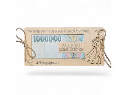 Dřevěná obálka na peníze s nápisem Milion korun