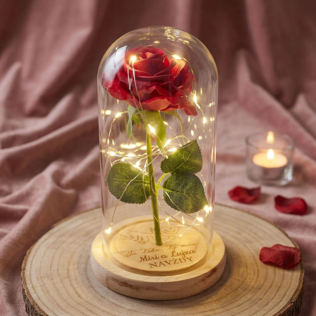 LED lampa v tvare srdca s fotografiou páru a kvetmi