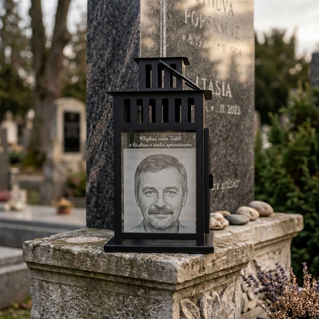 Spomienková lucerna s gravírovanou fotografiou na cintorín