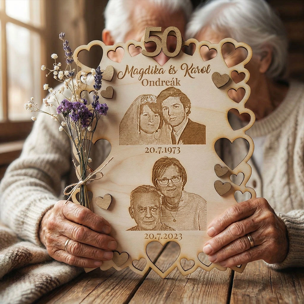 Drevený rám na 50. výročie s gravírovanými fotkami a srdiečkami