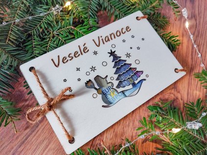 Drevená vianočná obálka na peniaze snehuliak