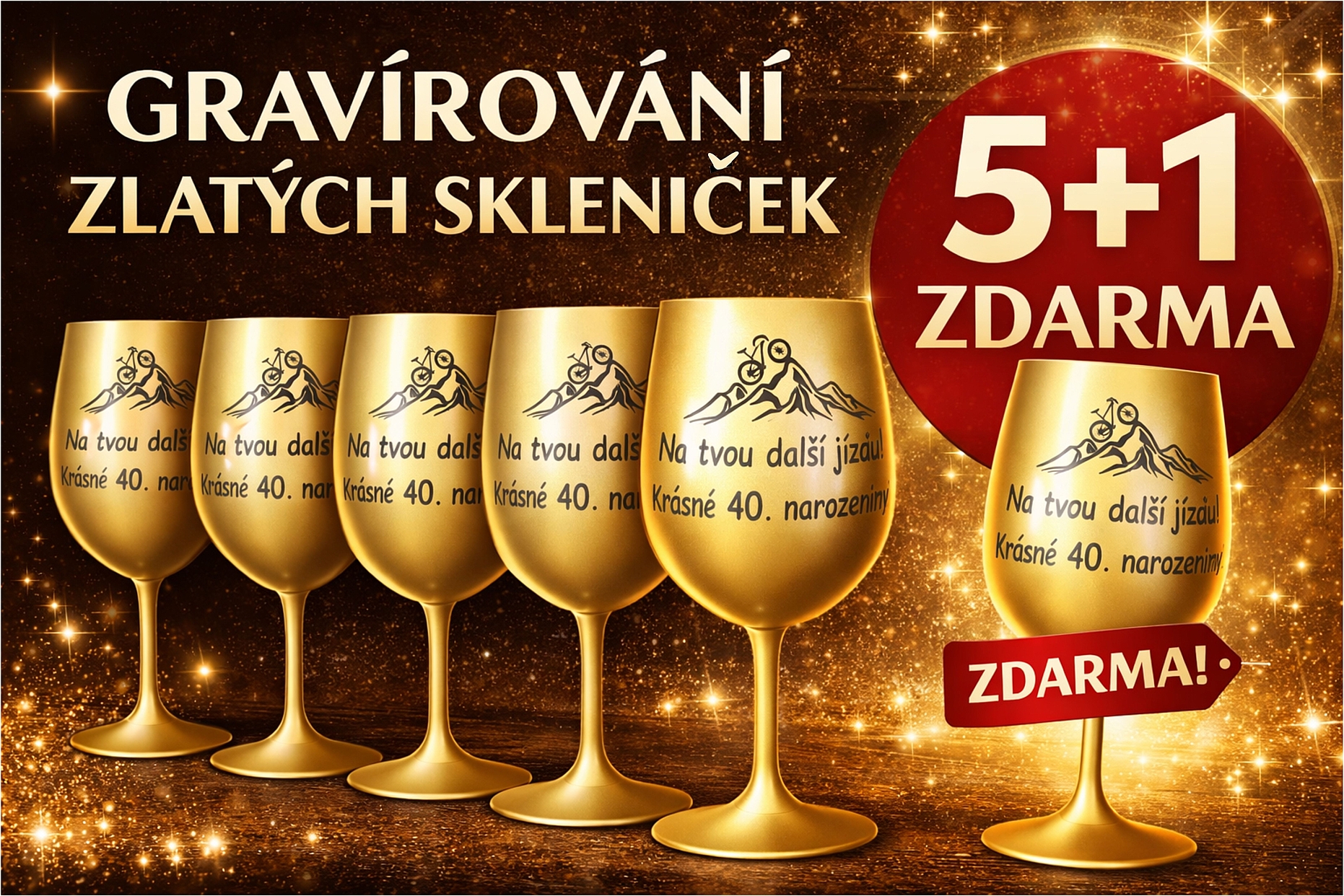 Gravírování barevných skleniček na víno s vlastním textem Akce 5+1 zdarma - Zlatá