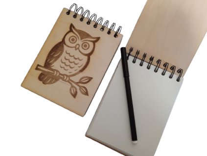 Dřevěný zápisník A6 s gravírováním - sova na větvi