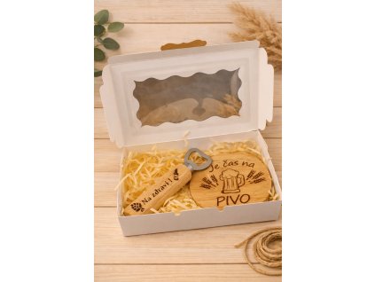 Dřevěný pivní set s gravírováním | Otvírák a podtácek
