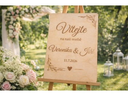 Dřevěná svatební uvítací cedule s personalizací