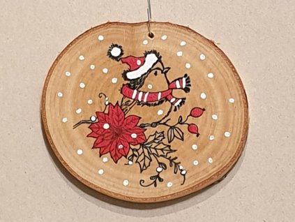 Malované kolečko z březového špalku - ptáček s kulichem