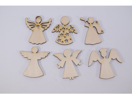 Sada drevených anjelikov 6 ks – rôzne tvary, 5 cm