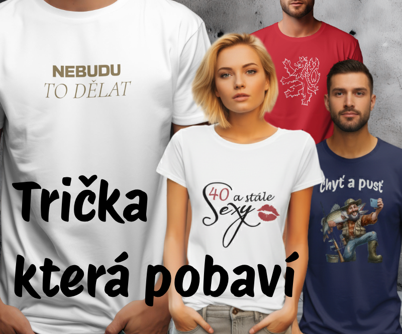 Obrázek je poutavý reklamní banner navržený k propagaci rozmanitého sortimentu triček. V kompozici dominují čtyři modely, které předvádějí různá trička s vtipným potiskem. Na levé straně upoutá pozornost pánské bílé tričko s nápisem, který vyjadřuje jasn