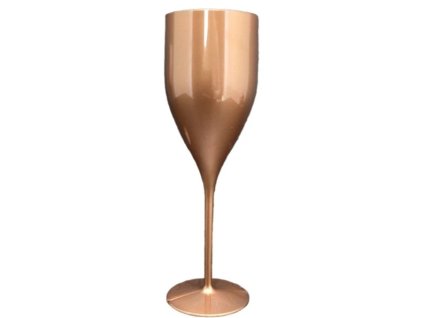Elegantní sytě bronzový plastový pohár na šampaňské s dlouhou stopkou a štíhlým tělem, zobrazený na bílém pozadí.