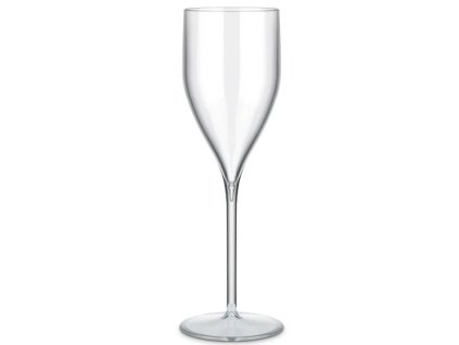 Elegantní čirý plastový pohár na šampaňské s dlouhou stopkou a štíhlým tělem, zobrazený na bílém pozadí.