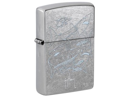 Zapalovač Zippo s potiskem žraloka mako, velkého bílého žraloka a tygřího žraloka na povrchu Street Chrome™.