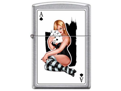 Zapalovač Zippo s potiskem retro ženy držící esa.