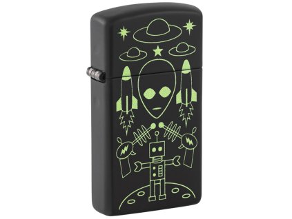 Štíhlý černý zapalovač Zippo s potiskem mimozemského obličeje, létajících talířů a robota na Měsíci.