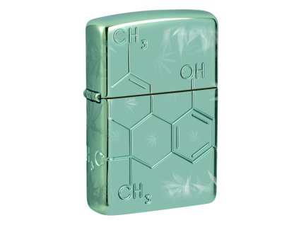 Zapalovač Zippo s povrchem High Polish Green a 360° designem listů konopí a frézovaným chemickým vzorcem.