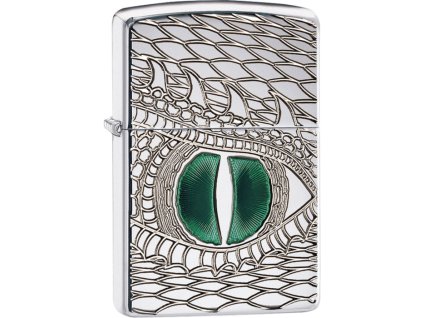 Zapalovač Zippo Armor s leštěným chromovým povrchem a mechanicky vyrytým motivem dračího oka.