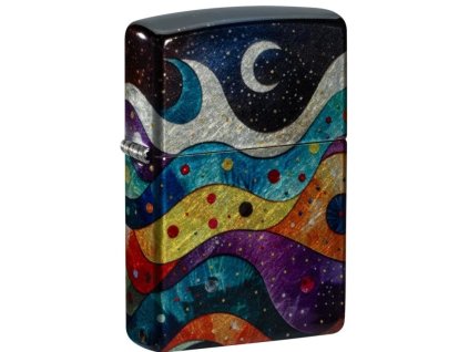 Zapalovač Zippo se celoplošným metalickým potiskem vesmírné galaxie v odstínech modré, fialové a stříbrné.