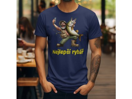 Pánské khaki tričko s vtipným potiskem karikatury rybáře s brýlemi, jak se fotí s velkou štikou, a nápisem "Nejlepší rybář". Originální rybářské tričko.