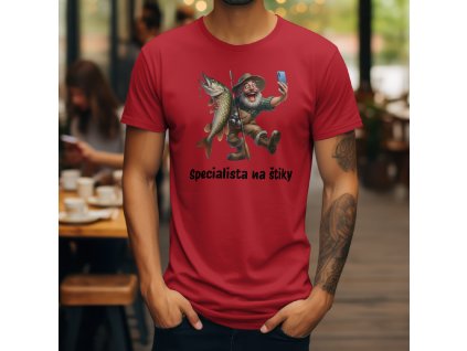 "Specialista na Štiky" s vtipným potiskem rybáře. 100% bavlna. Široká škála barev. Originální dárek pro experty na lov dravců.