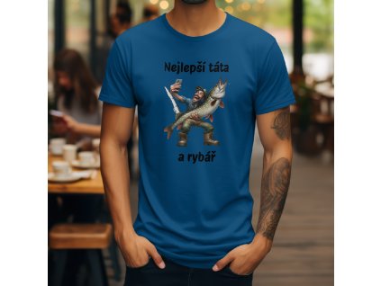 Pánské modré tričko s vtipným potiskem karikatury tatínka rybáře, který se s ulovenou štikou fotí a nad ním je nápis "Nejlepší táta a rybář". Originální rybářské tričko.