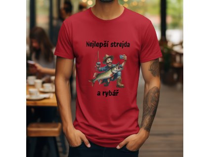 Pánské tričko s vtipným potiskem karikatury strejdy rybáře, který se s ulovenou štikou fotí a nad ním je nápis "Nejlepší strejda a rybář". Originální rybářské tričko.