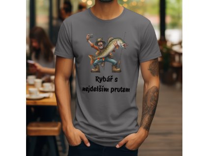 Pánské tričko s vtipným potiskem karikatury rybáře, který pózuje s velkou štikou a nápisem "Rybář s nejdelším prutem". Originální rybářské tričko.