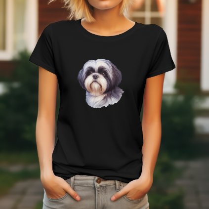 Dámské tričko s realistickým potiskem hlavy Shih-tzu. Originální tričko pro pejskařky.